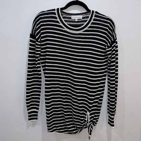 White + Warren Striped Knotted Linen Sweater in Black & White - Picture 7 of 9